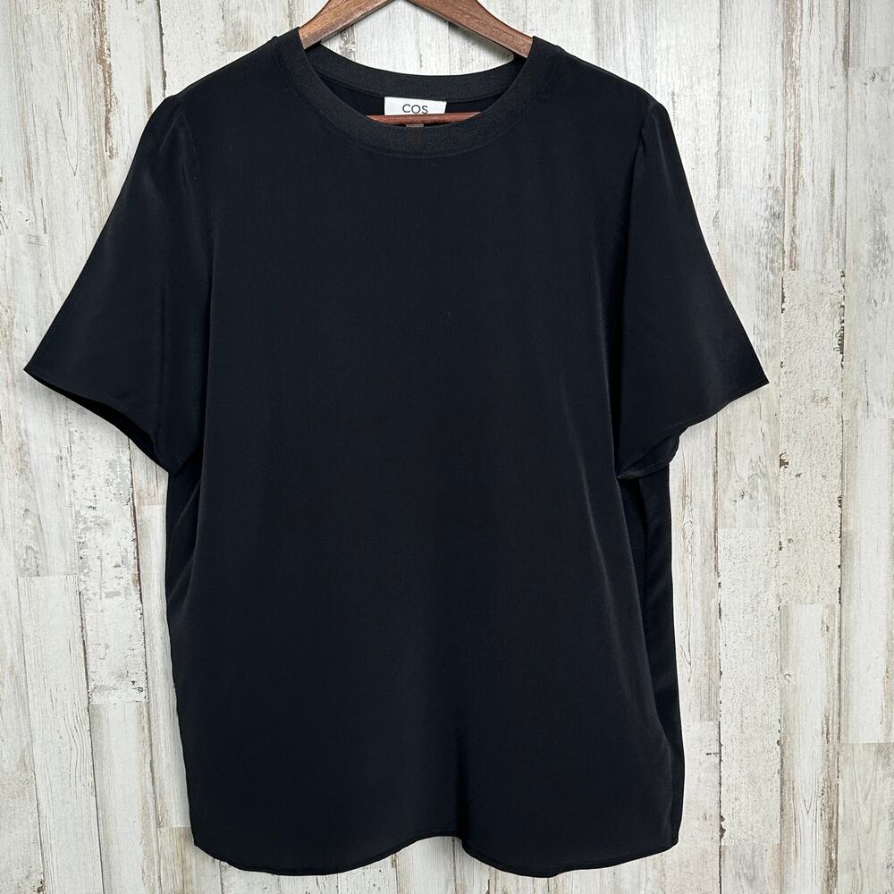 COS 100 Silk Shirt Blouse Size 12 Black Short Sleeve Quiet Luxury Minimalist EUC